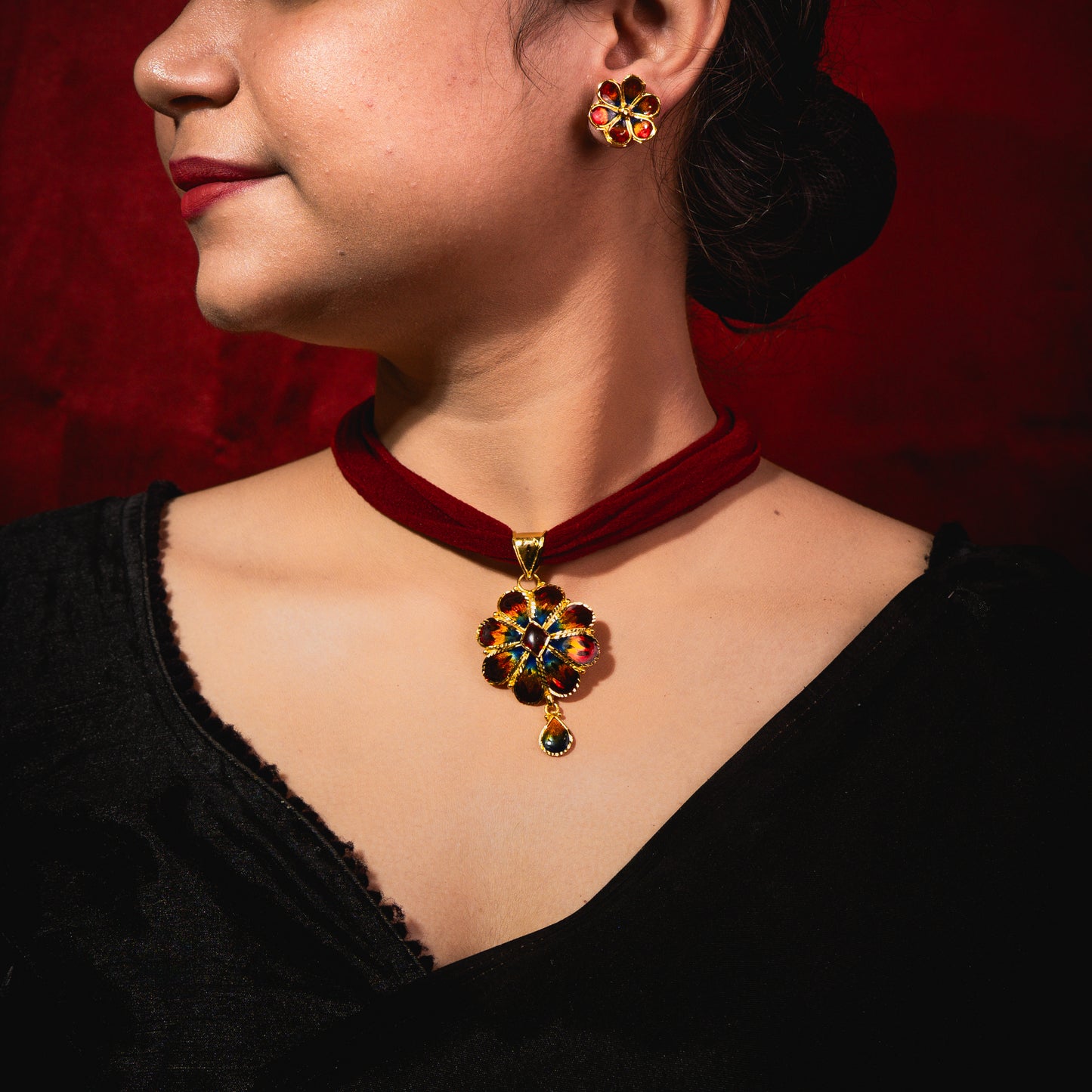 Vibrant Floral Meena Pendant Set – 24K Gold-Plated with Earrings