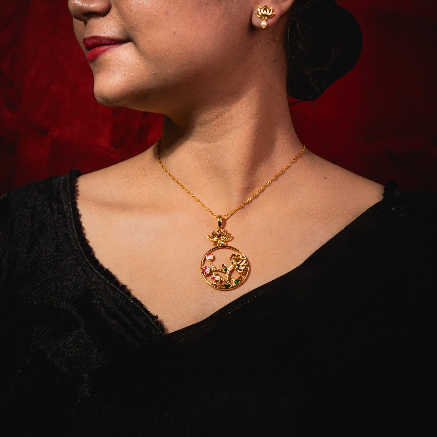 24K Gold-Plated Lotus Bloom Pendant Set with Earrings