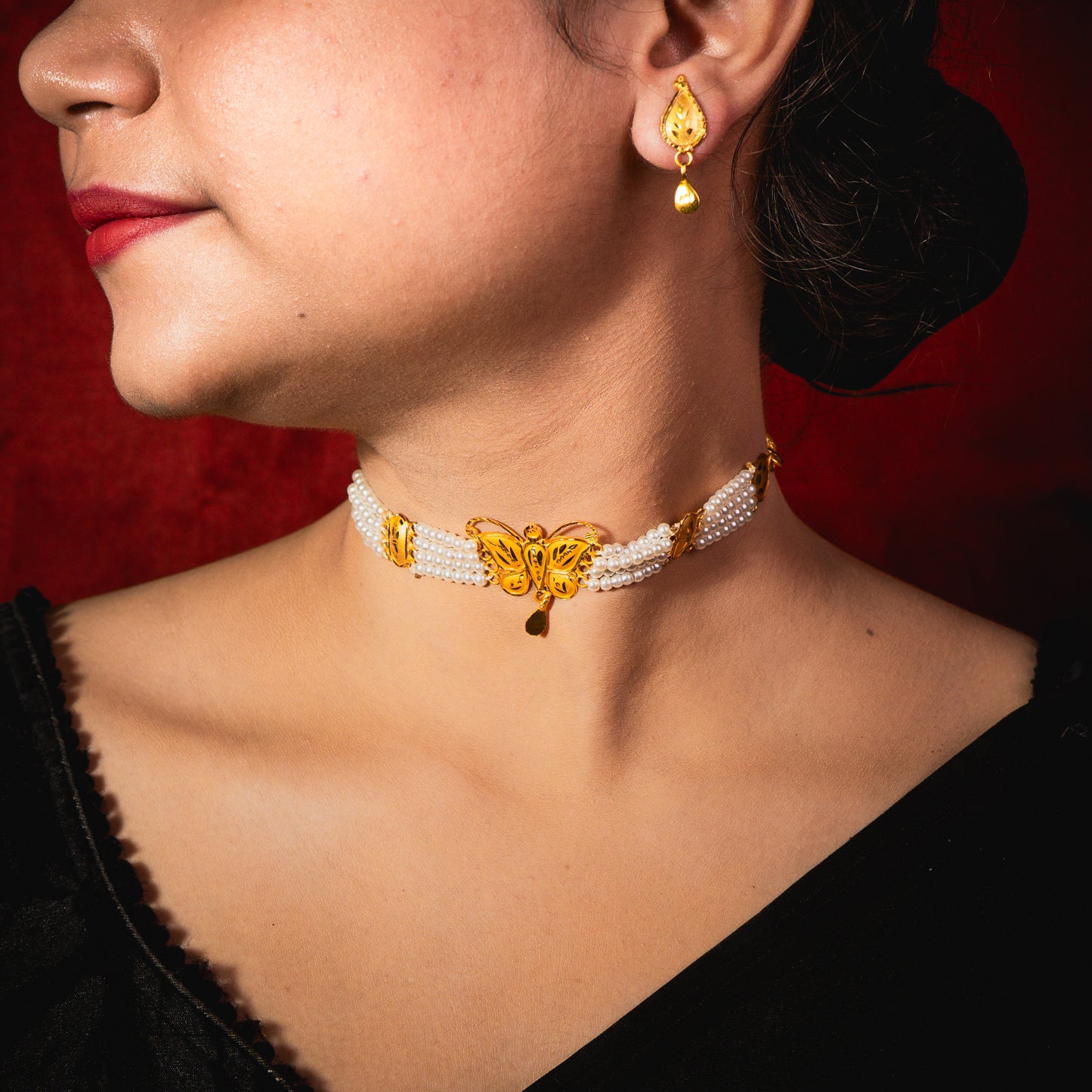 Butterfly Pearl Choker Set – 24KT Gold-Plated with Earrings