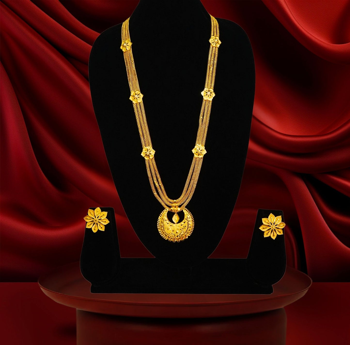 24K Gold-Plated Floral Layered Long Sitahar Set – Crescent Moon Pendant Design