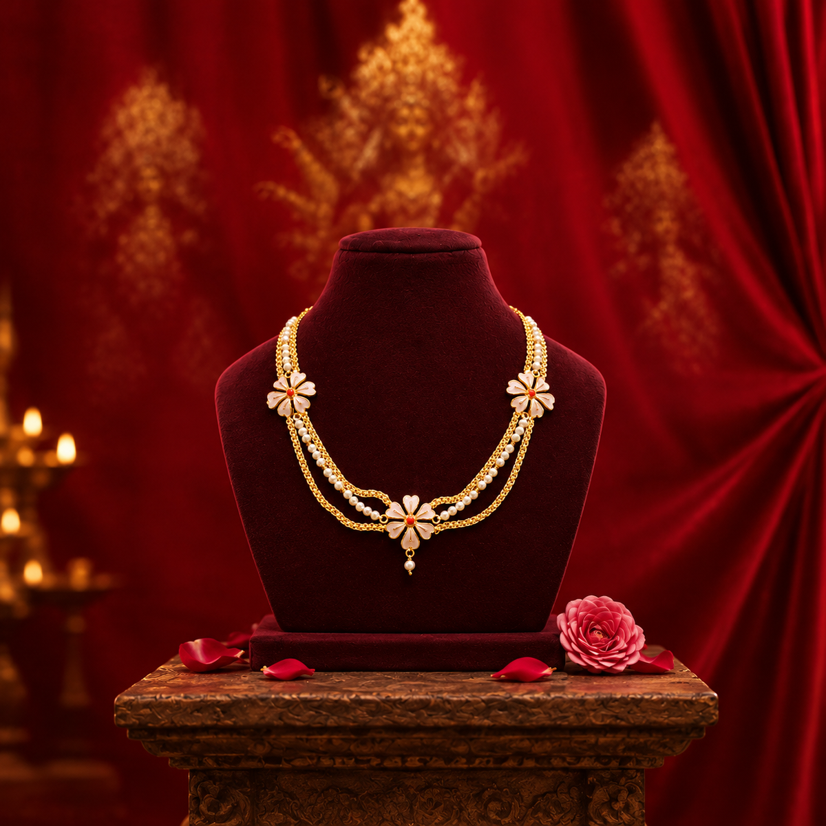 24K Gold-Plated - Mohalaya Special Siuli Pearl Necklace Set with Floral Pendant