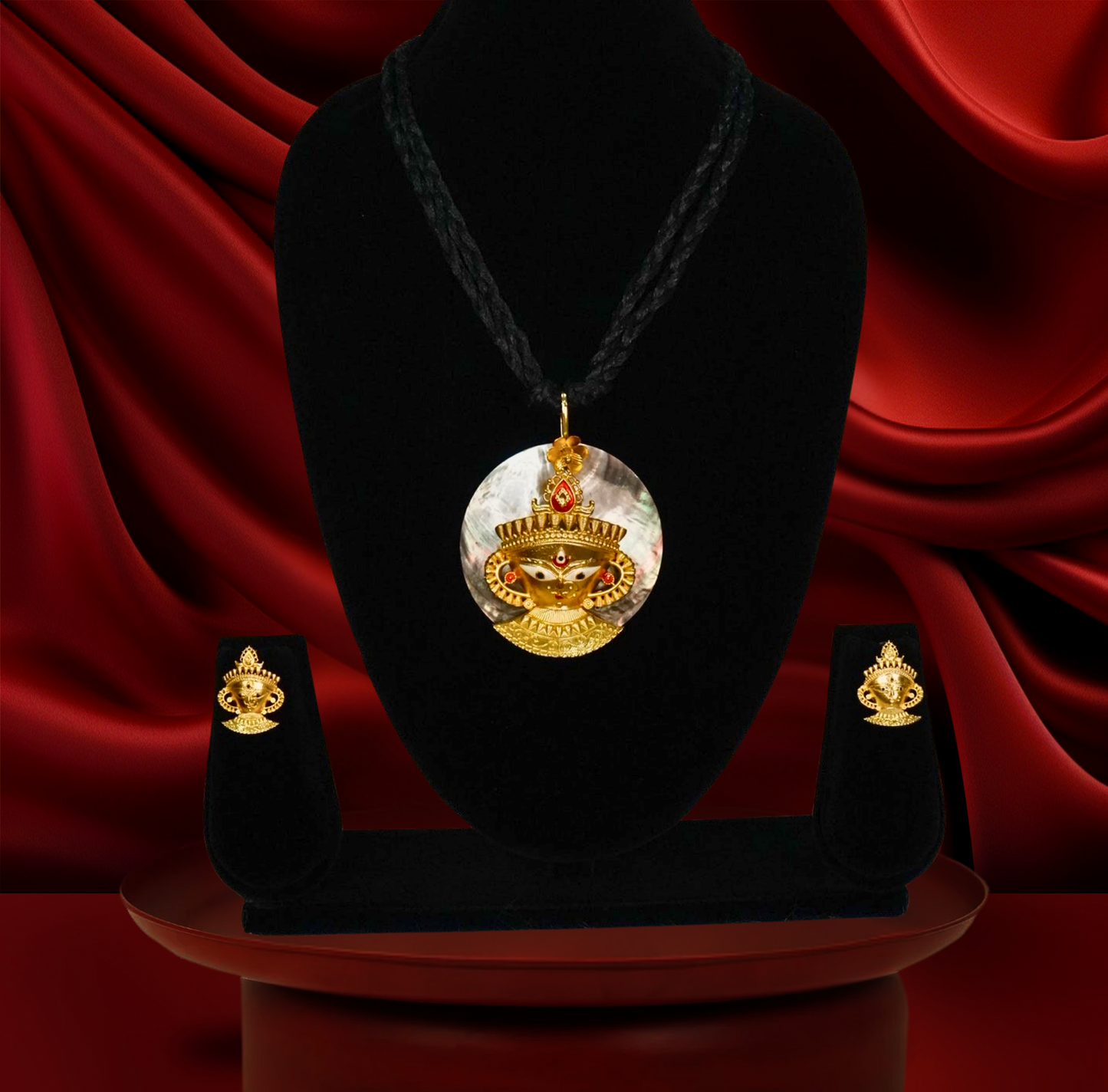 24K Gold-Plated Maa Durga Face Shell Pendant Set with Earrings