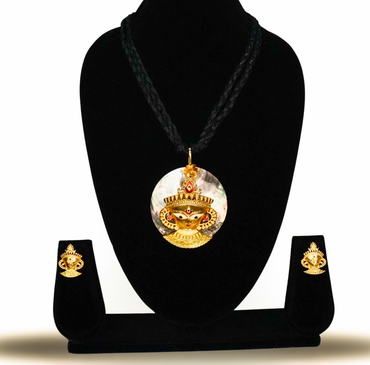 24K Gold-Plated Maa Durga Face Shell Pendant Set with Earrings