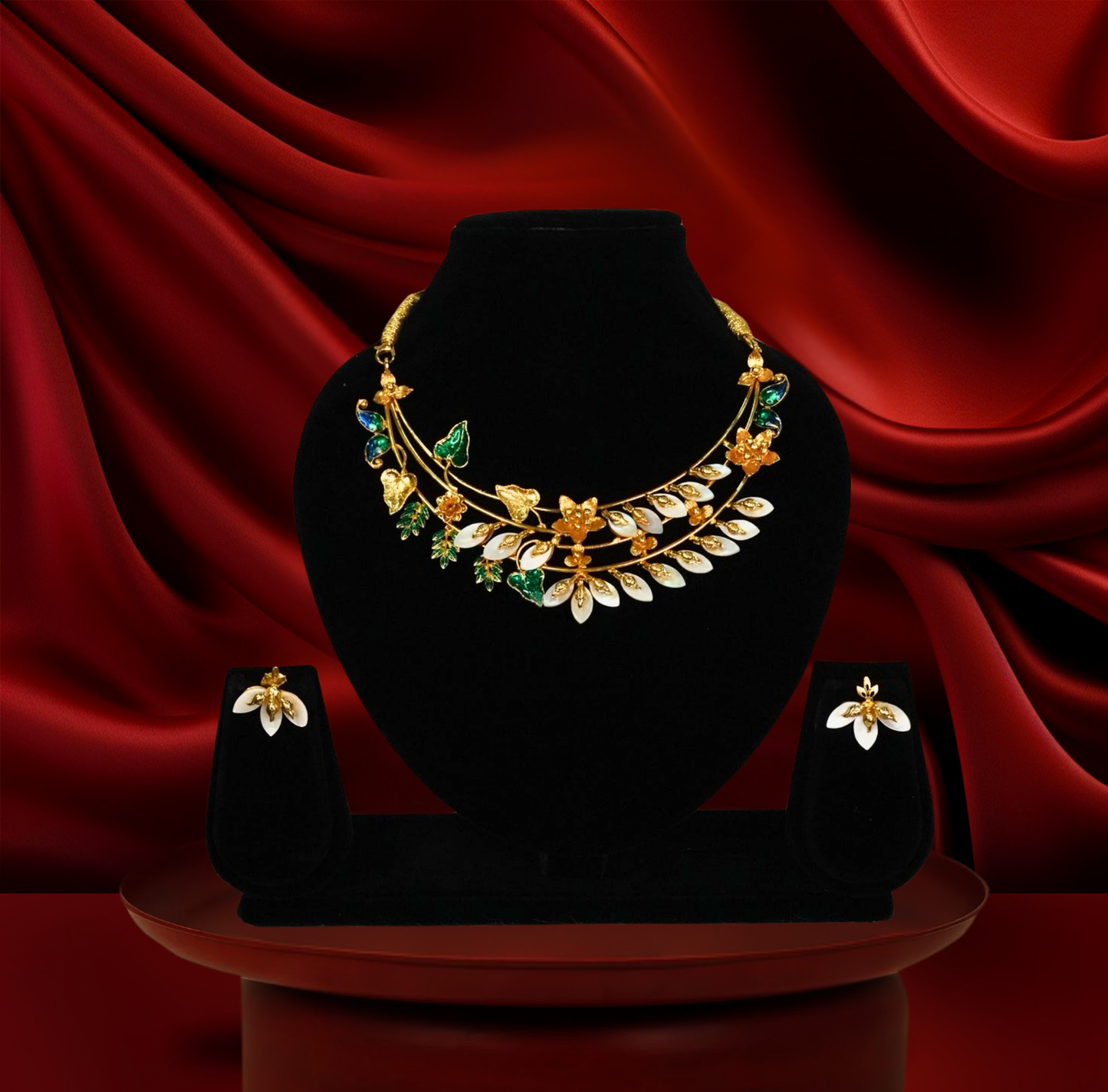 Floral Vine Gold-Plated Shell Necklace Set with Earrings & Mother-of-Pearl Accents