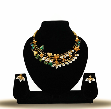Floral Vine Gold-Plated Shell Necklace Set with Earrings & Mother-of-Pearl Accents