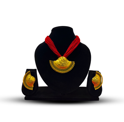 24K Gold-Plated - Royal Red Traditional Gold Pendant Set with Earrings