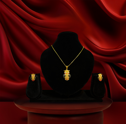 24K Gold-Plated - Designer Owl Pendant Necklace Set with Earrings
