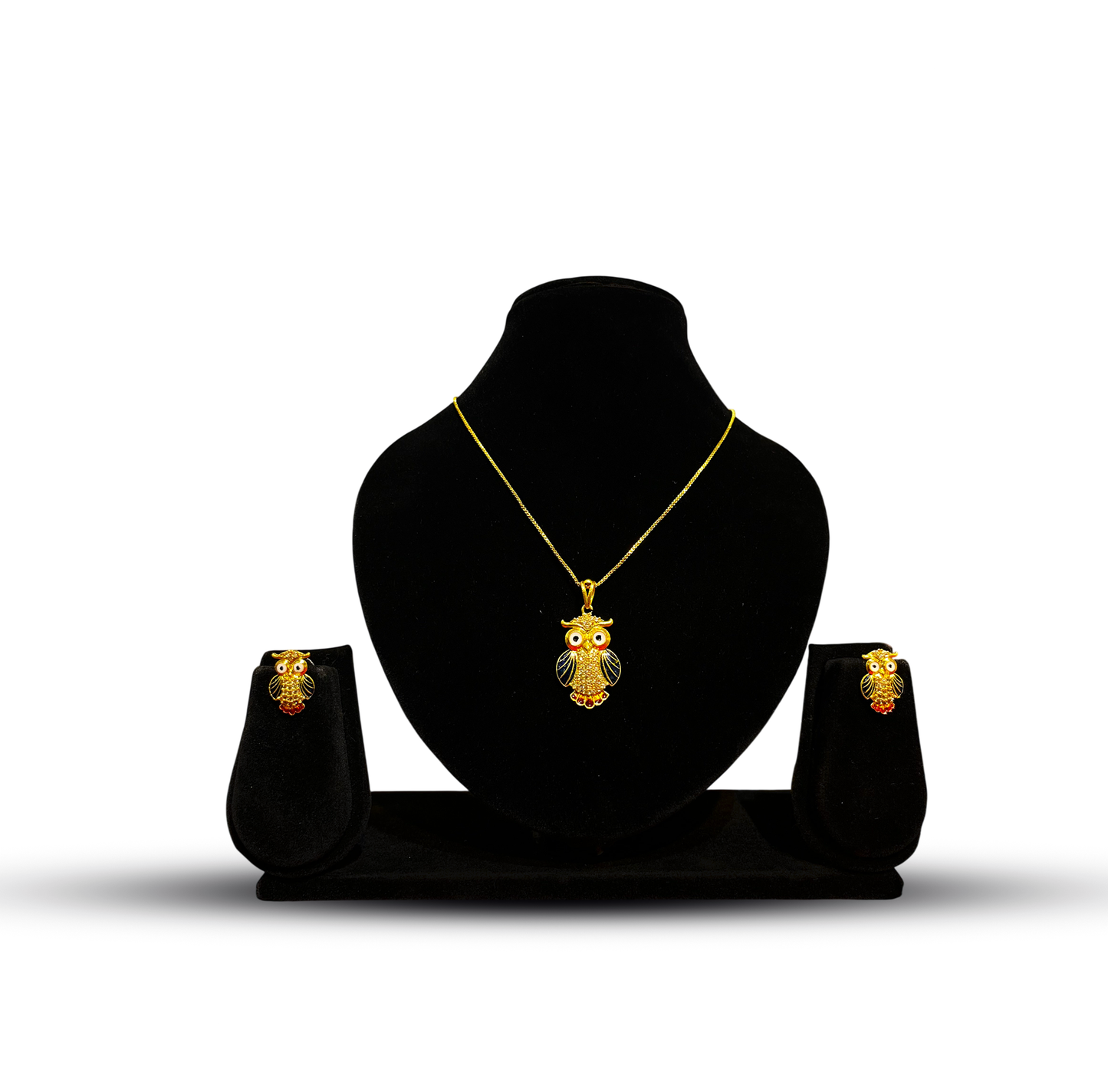 24K Gold-Plated - Designer Owl Pendant Necklace Set with Earrings