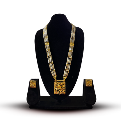 24K Gold-Plated - Multi-Layer Pearl Necklace Set with Matching Earrings & Floral Pendan