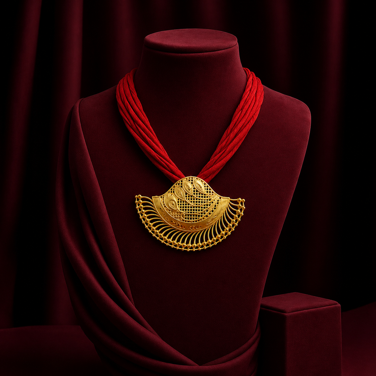 24K Gold-Plated - Royal Red Traditional Gold Pendant Set with Earrings