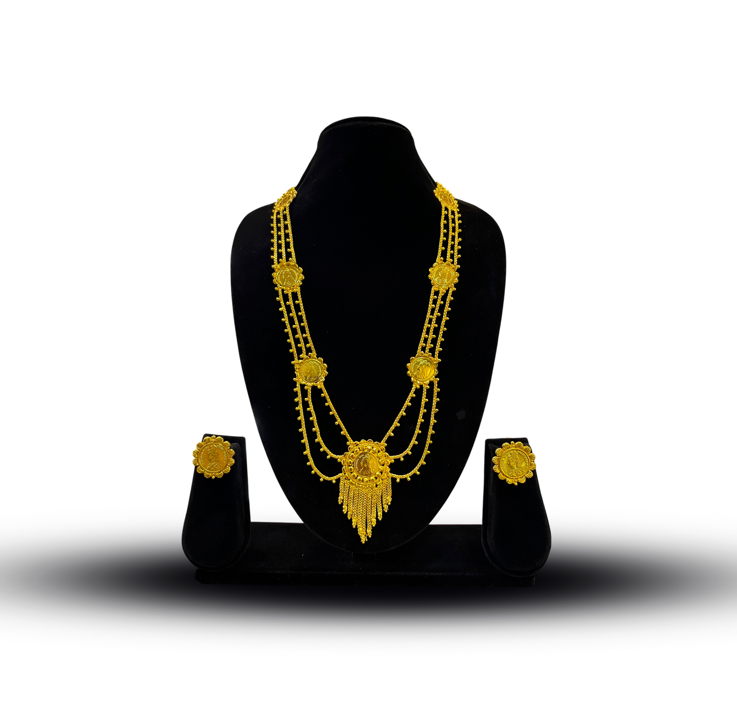 24K Gold-Plated - Triple Chain Coin Lohori Necklace Set with Fringe Pendant