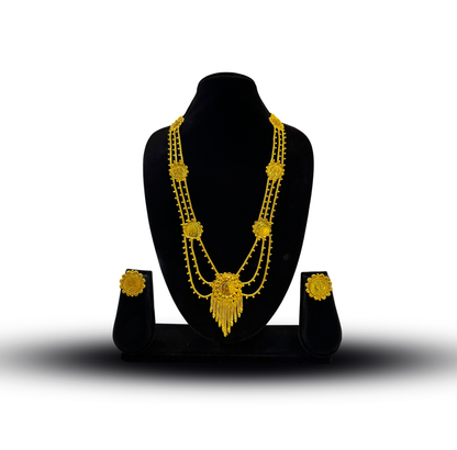 24K Gold-Plated - Triple Chain Coin Lohori Necklace Set with Fringe Pendant