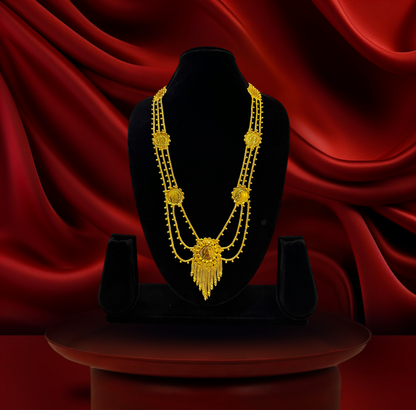 24K Gold-Plated - Triple Chain Coin Lohori Necklace Set with Fringe Pendant