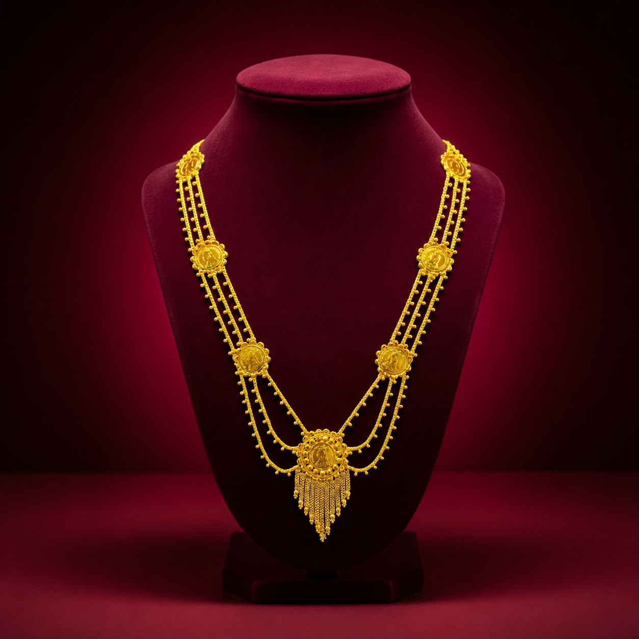 24K Gold-Plated - Triple Chain Coin Lohori Necklace Set with Fringe Pendant