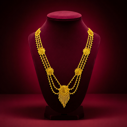 24K Gold-Plated - Triple Chain Coin Lohori Necklace Set with Fringe Pendant