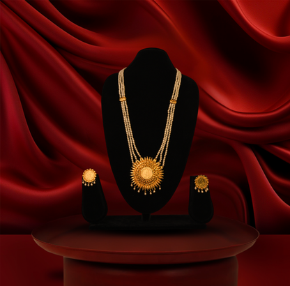 24K Gold-Plated - Premium Pearl Long Sita Haar with Antique Pendant Set With Earrings
