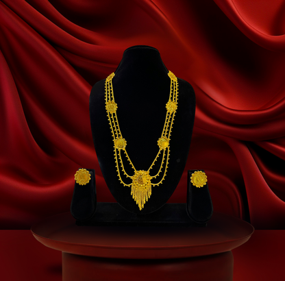24K Gold-Plated - Triple Chain Coin Lohori Necklace Set with Fringe Pendant