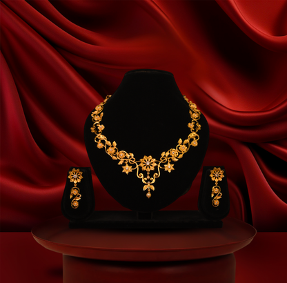 24K Gold-Plated - Traditional Nakshi Design Gold Finish Necklace Set with Matching Earrings