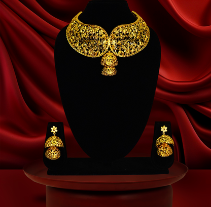 24K Gold-Plated Designer Filigree Leaf Crown Choker Set with Jhumka Earrings