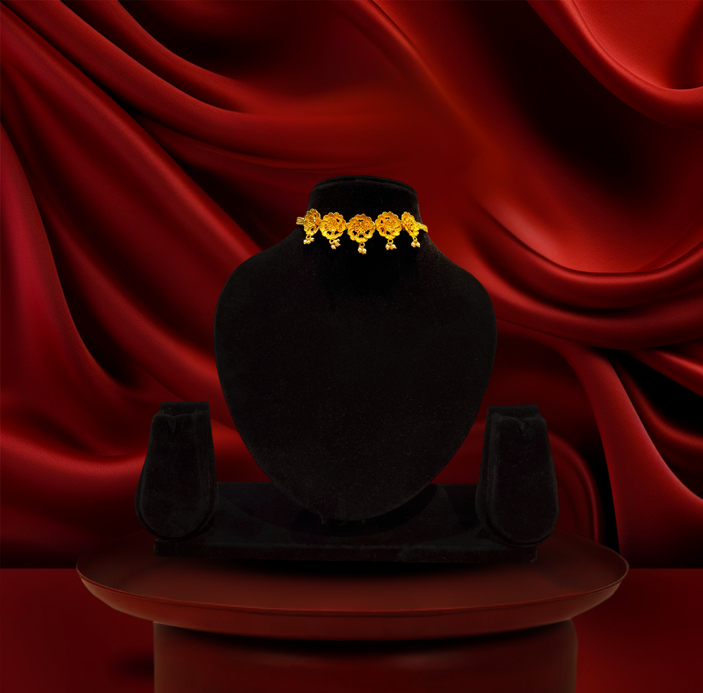 24K Gold-Plated - Floral Choker Necklace Set with Matching Stud Earrings