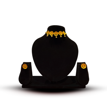 24K Gold-Plated - Floral Choker Necklace Set with Matching Stud Earrings