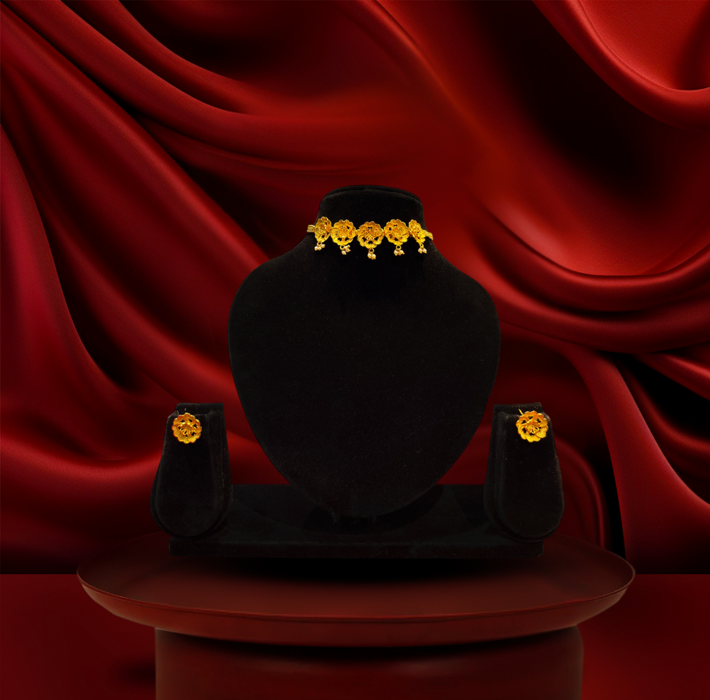 24K Gold-Plated - Floral Choker Necklace Set with Matching Stud Earrings