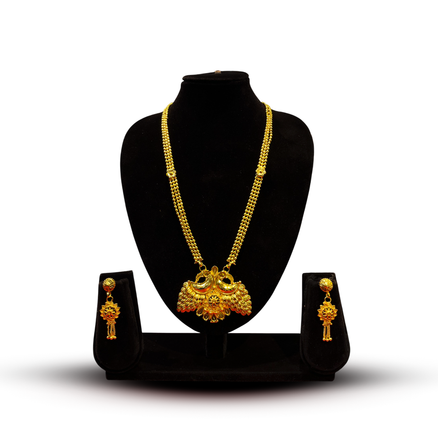 24K Gold-Plated - Traditional Gold-Plated Peacock Sita Haar Necklace Set with Long Drop Earrings