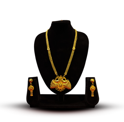 24K Gold-Plated - Traditional Gold-Plated Peacock Sita Haar Necklace Set with Long Drop Earrings