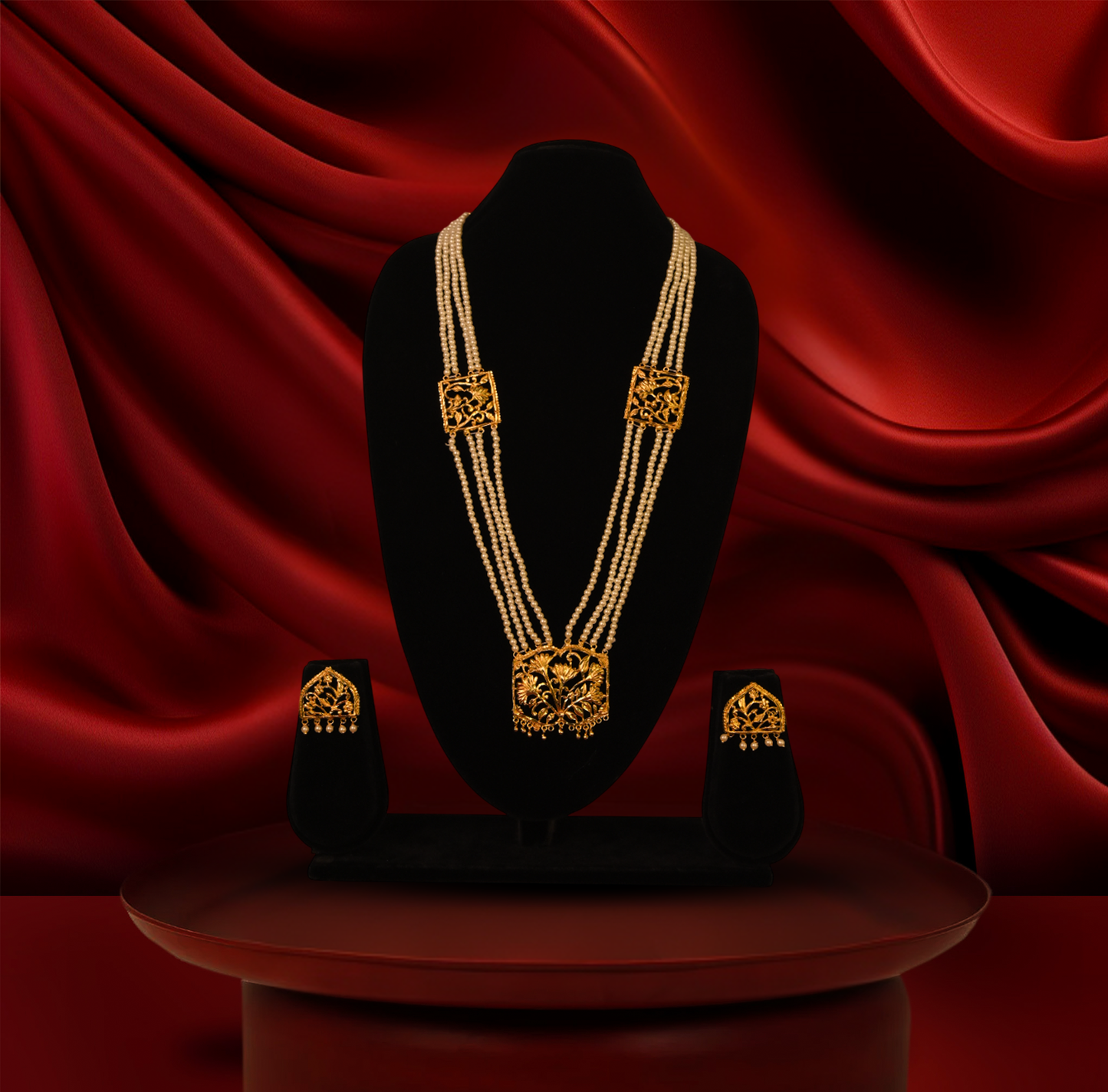 24K Gold-Plated - Ethnic Nakshi Pearl Necklace Set with Traditional Finish with Earrings