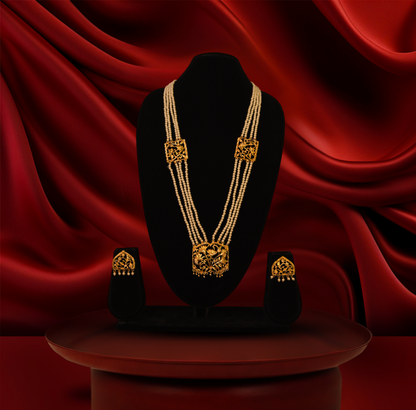 24K Gold-Plated - Ethnic Nakshi Pearl Necklace Set with Traditional Finish with Earrings