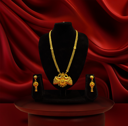 24K Gold-Plated - Traditional Gold-Plated Peacock Sita Haar Necklace Set with Long Drop Earrings