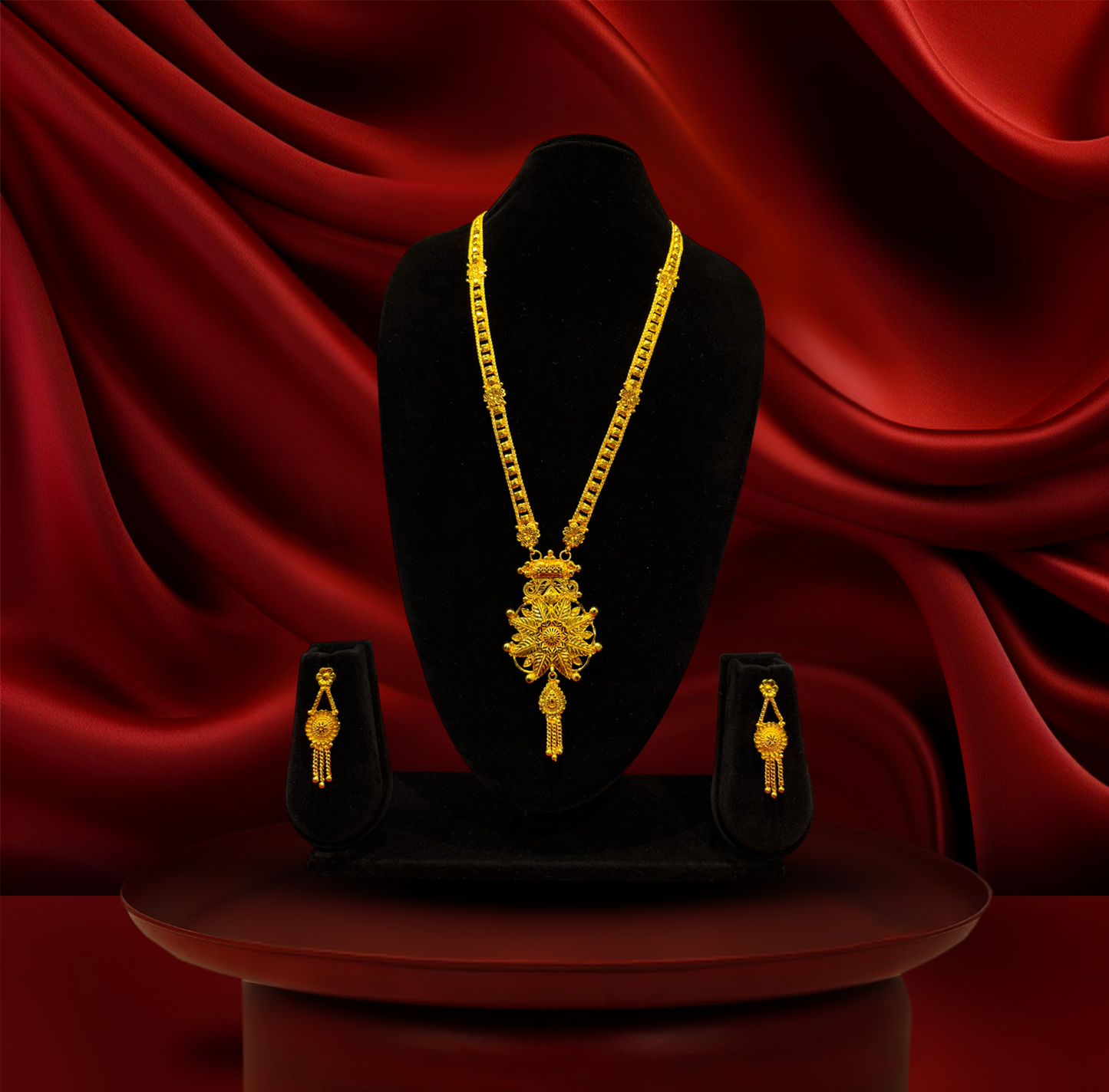 24K Gold-Plated - Radiant Bloom Long Necklace Set with Matching Drop Earrings