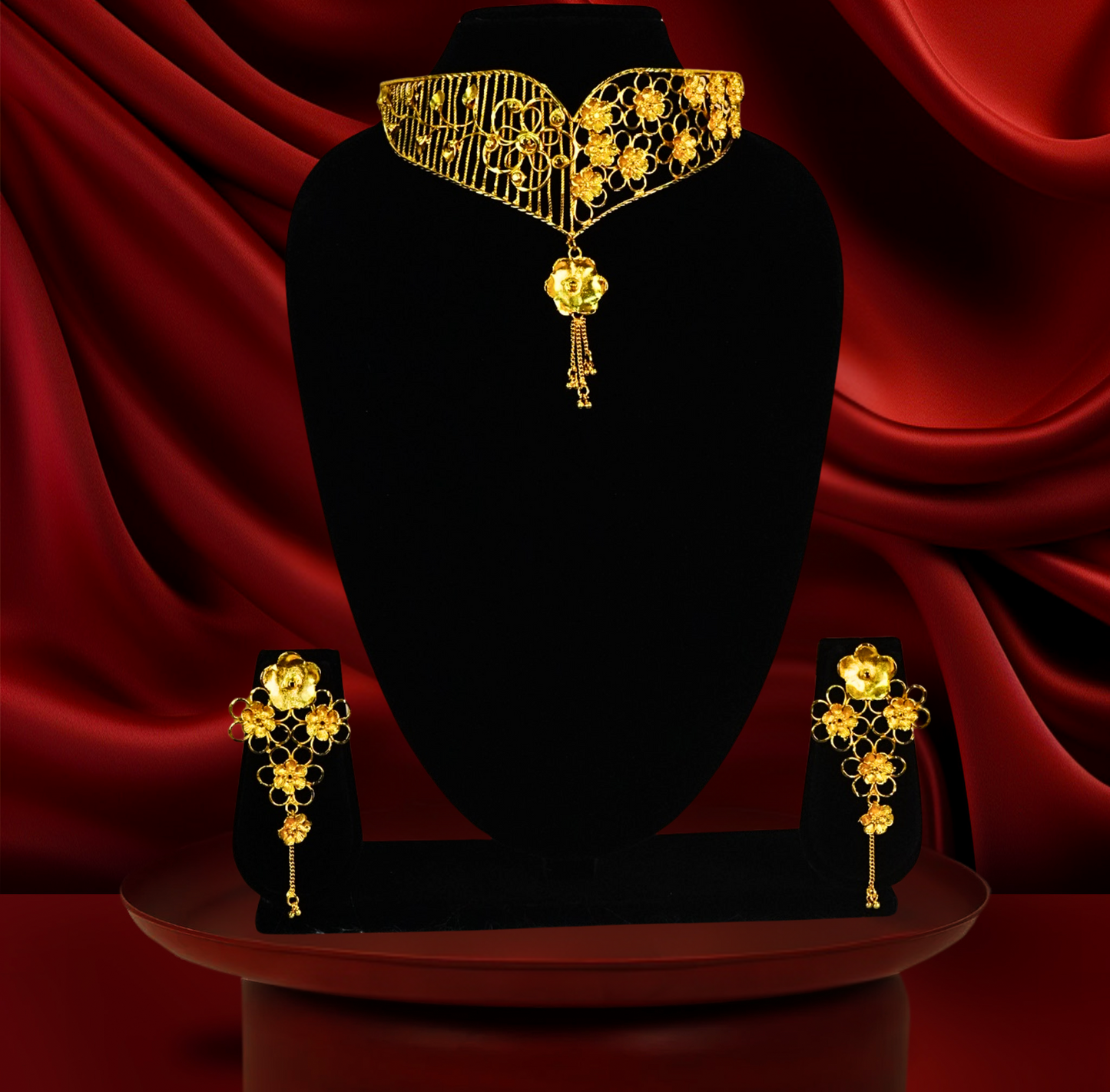 24K Gold-Plated Floral Choker Necklace Set for Women – Wedding & Party Wear