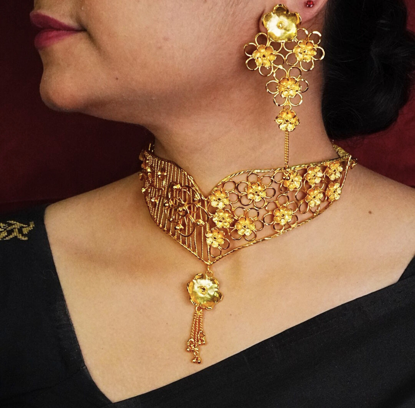 24K Gold-Plated Floral Choker Necklace Set for Women – Wedding & Party Wear