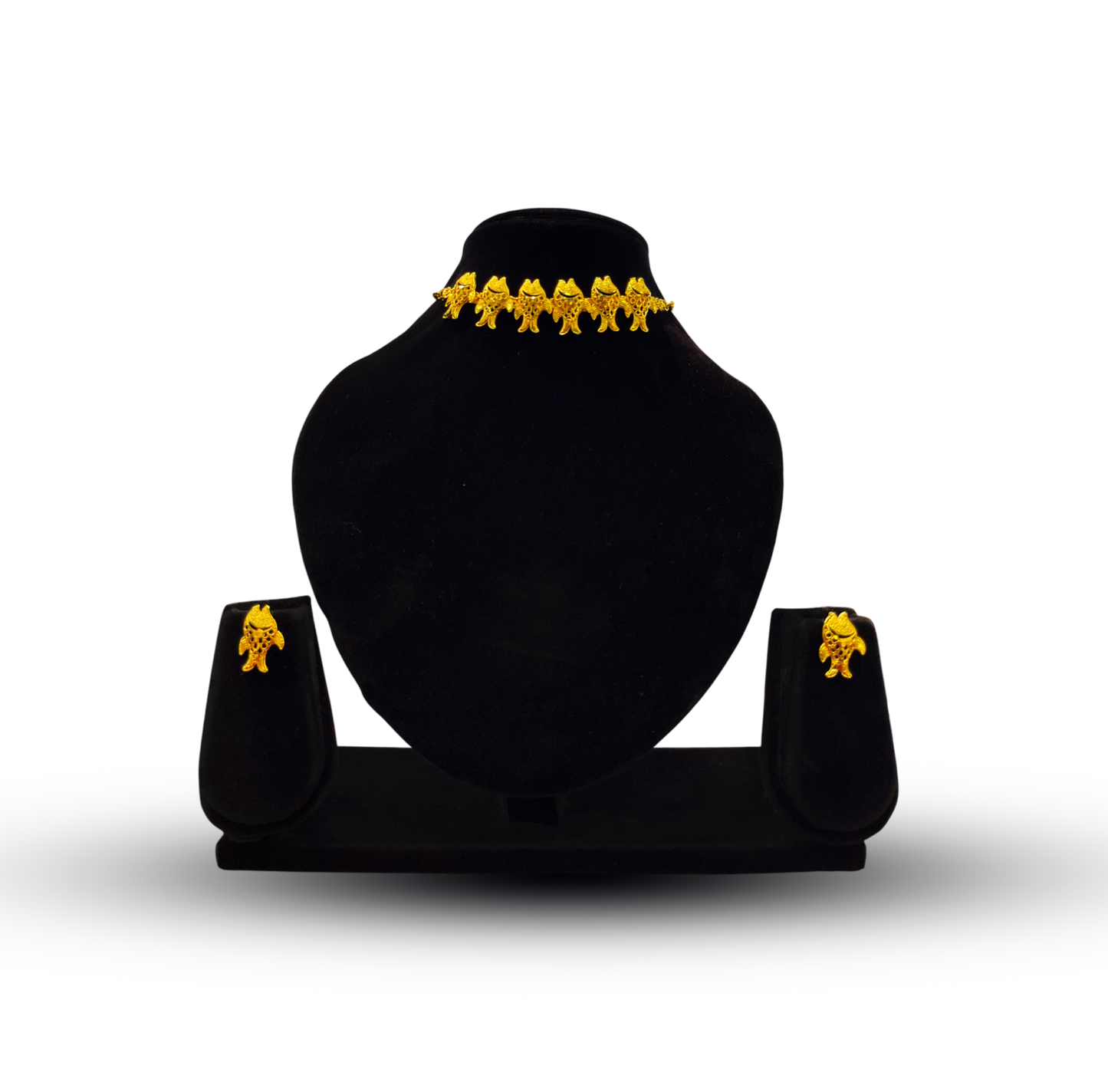 24K Gold-Plated - Fish Motif Choker Set with Matching Earrings
