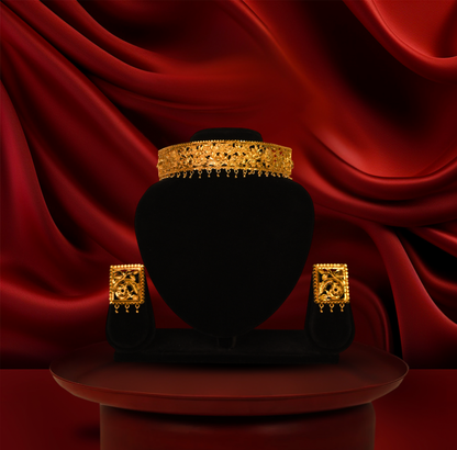 24K Gold-Plated - Signature Ethnic Gold Choker Set with Designer Statement Earrings