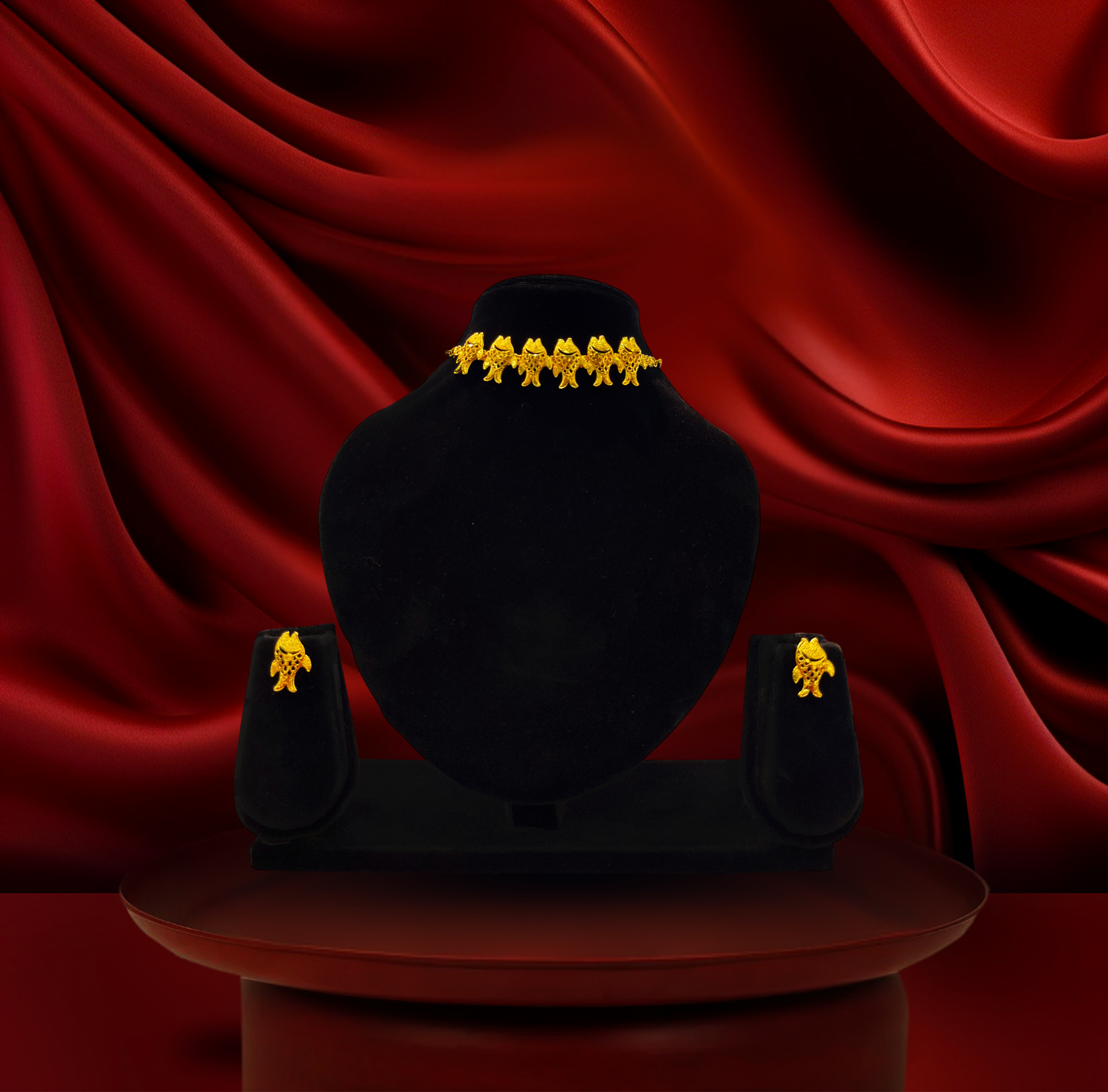 24K Gold-Plated - Fish Motif Choker Set with Matching Earrings