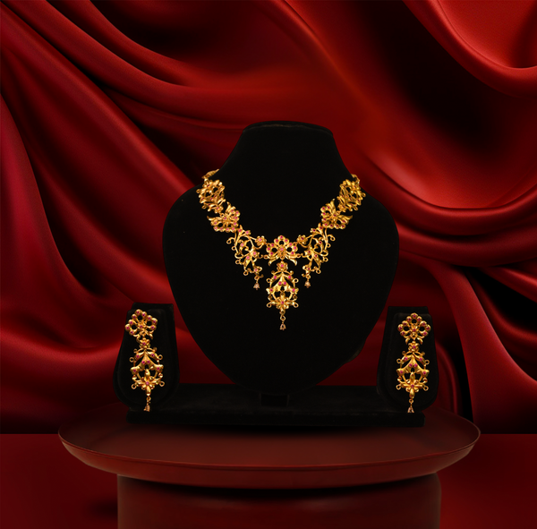 24K Gold-Plated - Premium Heritage Gold Necklace Set With Pink Stone Detailing Earrings