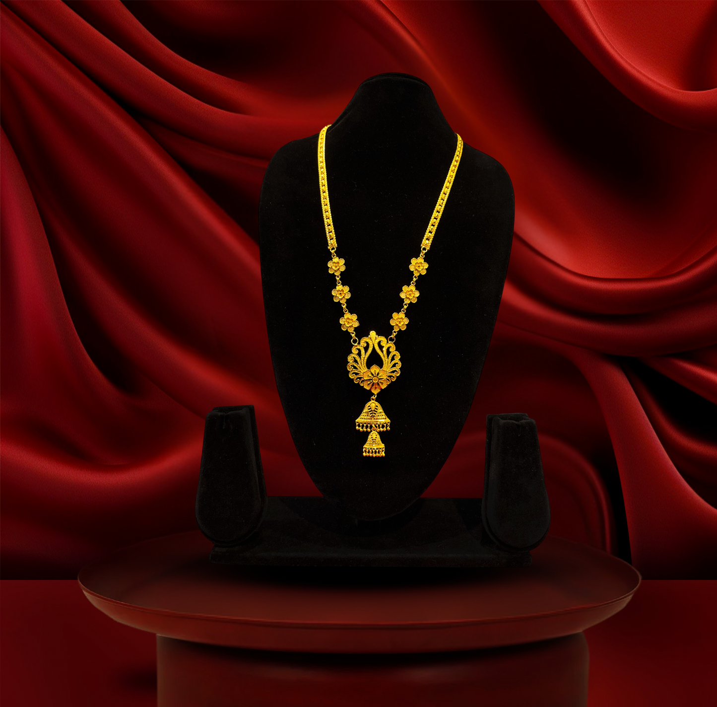 24K Gold-Plated - Jhumka-Drop Belt Sita Haar Necklace Set with Floral Motifs and Matching Earrings