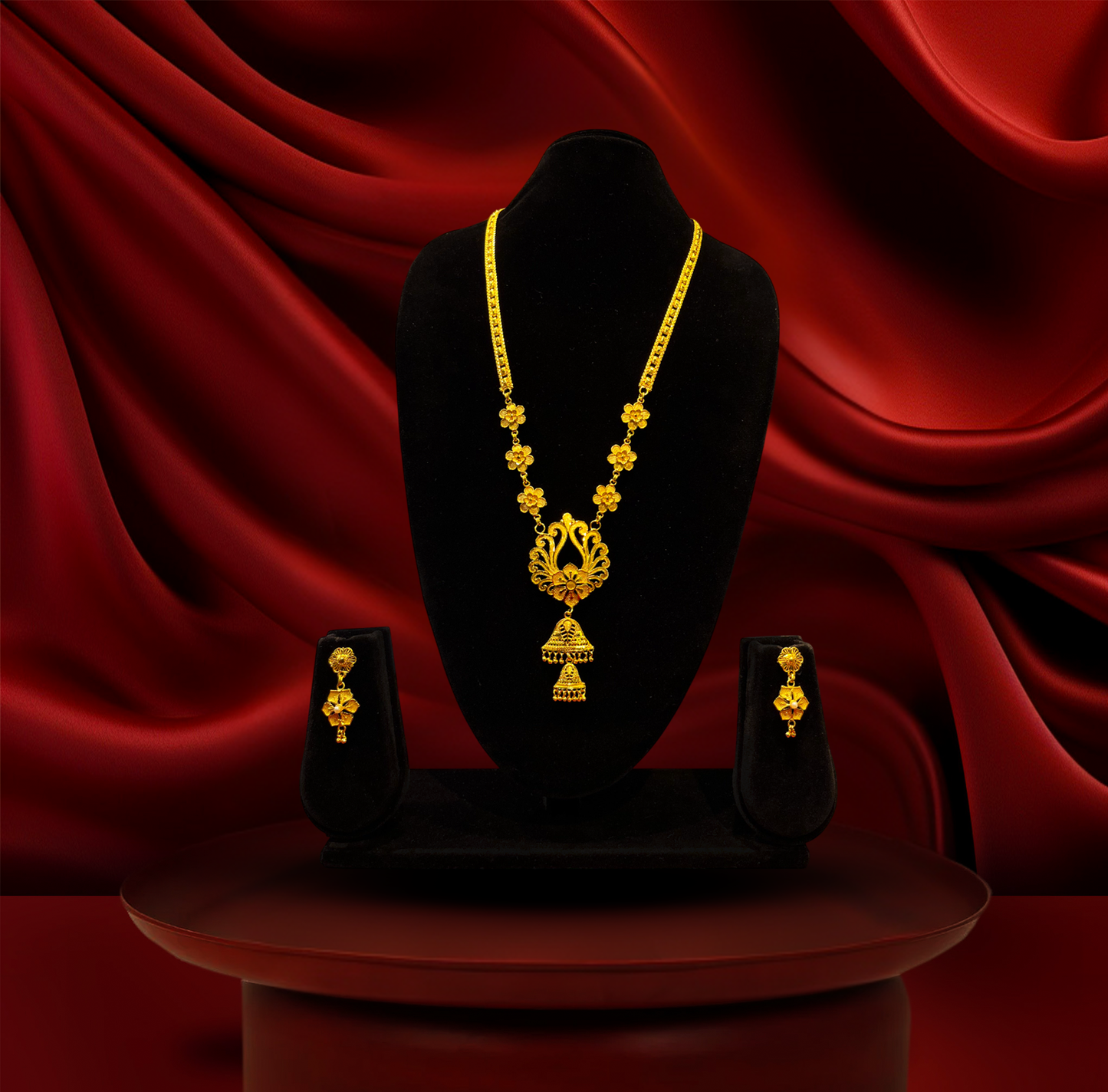 24K Gold-Plated - Jhumka-Drop Belt Sita Haar Necklace Set with Floral Motifs and Matching Earrings