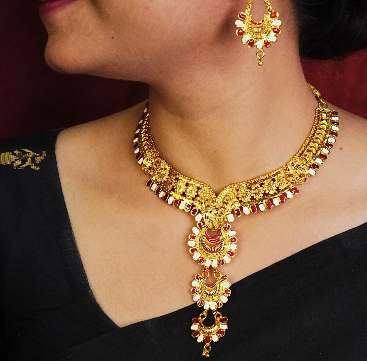24K Gold-Plated - Traditional Temple Style Meenakari Long Necklace Set