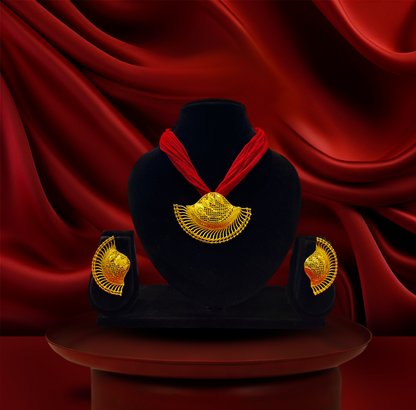 24K Gold-Plated - Royal Red Traditional Gold Pendant Set with Earrings