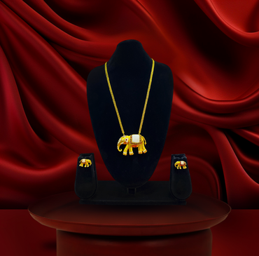 24K Gold-Plated - Gajraj Elephant Chain Pendant Set with Matching Earrings