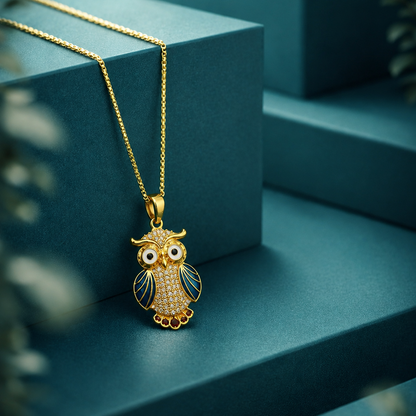 Gold owl pendant necklace on a teal surface