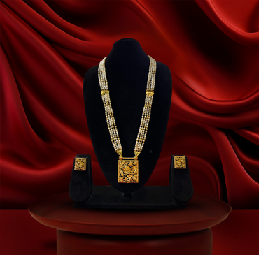24K Gold-Plated - Multi-Layer Pearl Necklace Set with Matching Earrings & Floral Pendan