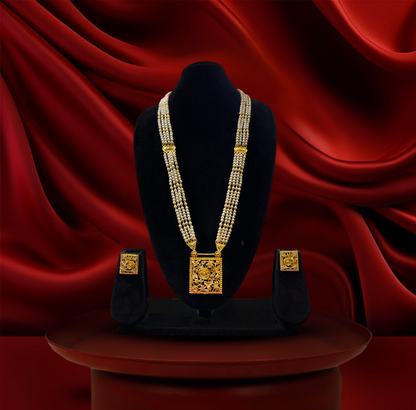 24K Gold-Plated - Multi-Layer Pearl Necklace Set with Matching Earrings & Floral Pendan