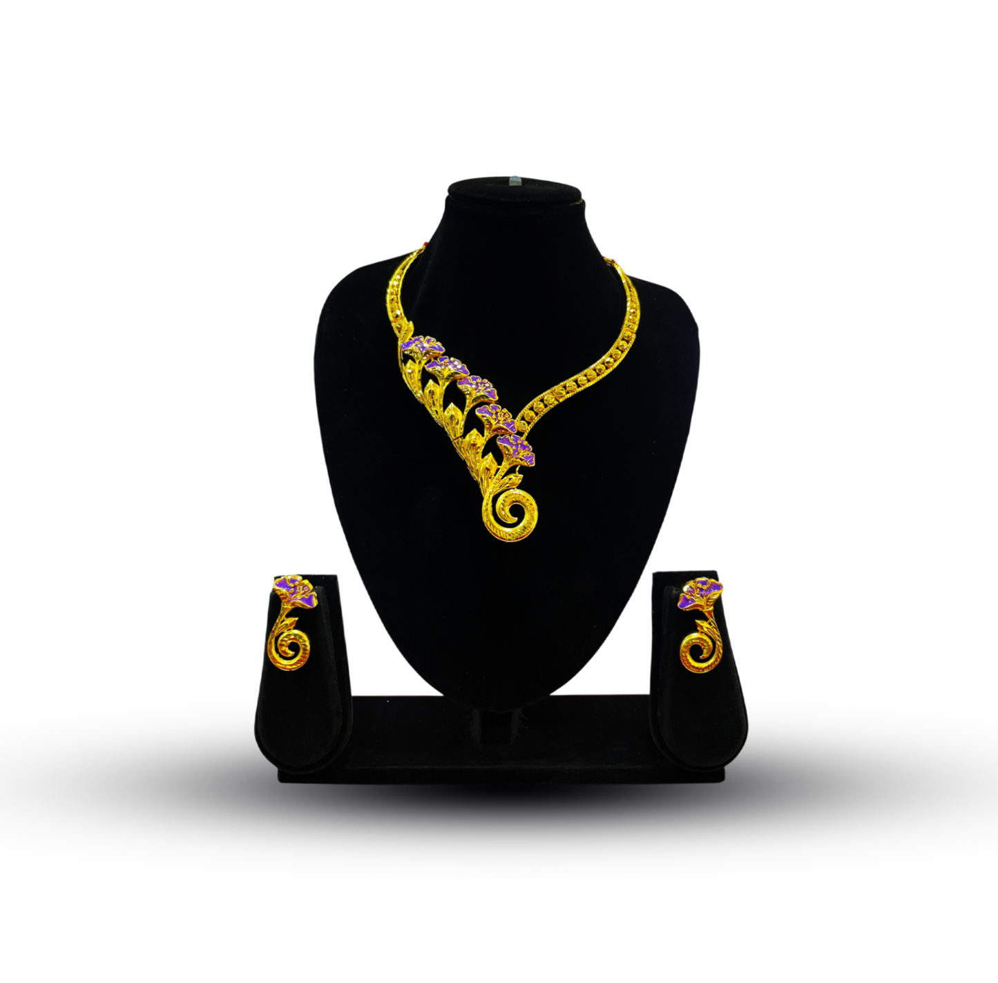 24K Gold-Plated - Purple Floral Vine Designer Necklace Set with Matching Earrings