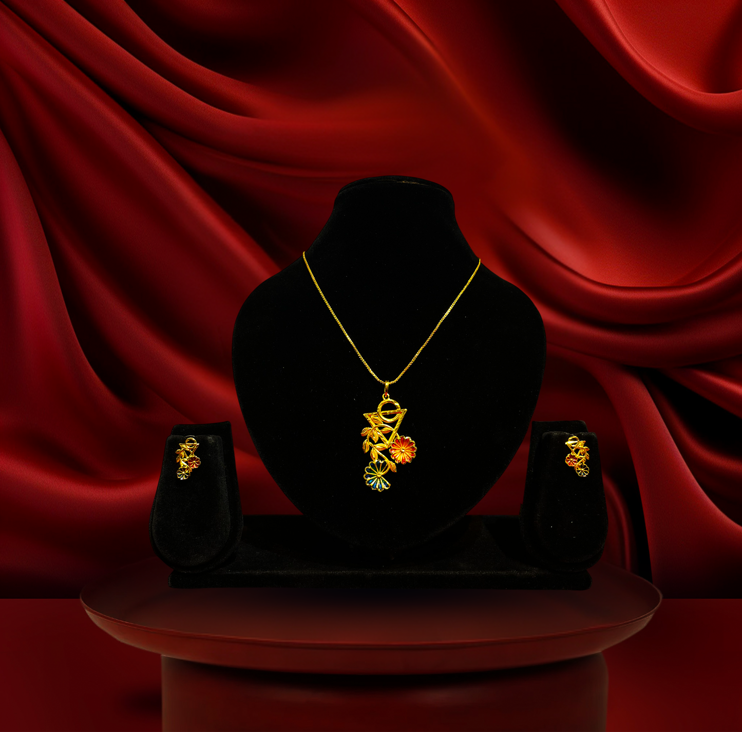 24K Gold-Plated - Multicolor Flower Pendant Necklace Set with Earrings