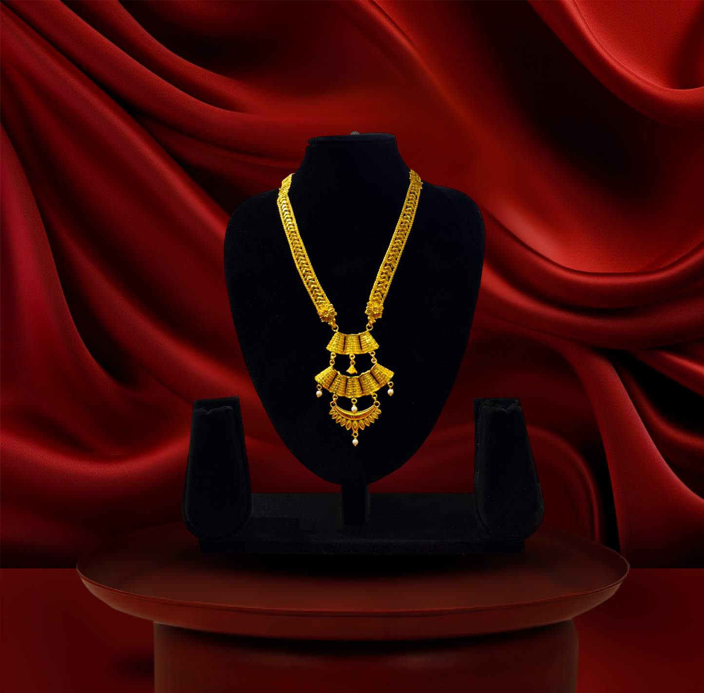 24K Gold-Plated - Triple-Layered Jhumka Sita Haar Necklace Set with Pearl Accents and Matching Earrings