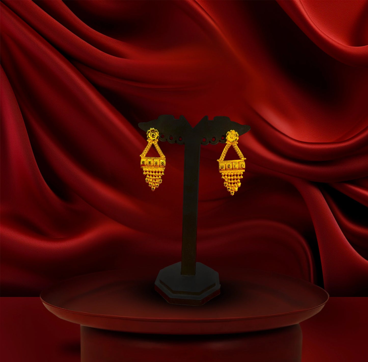 24K Gold-Plated -Traditional Bridal Triangle Pendant Necklace Set with Designer Earrings